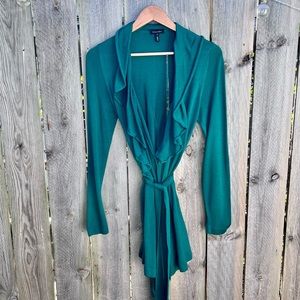 *Escada | Emerald Green Cardigan with Ruffle Shawl Collar and Waist Sash Size S